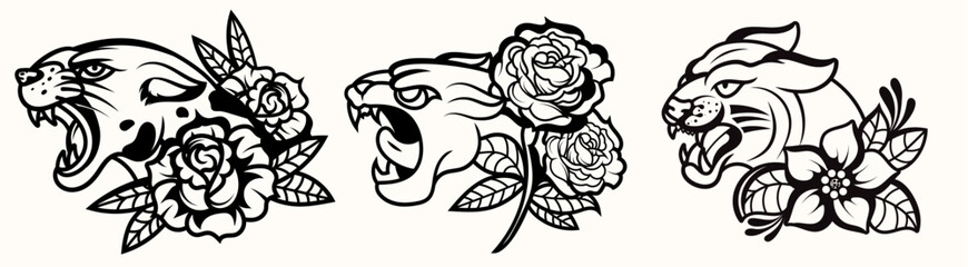 Set of Traditional panther tattoo vintage and flower illustration surreal illustration, badges, print for t-shirt.