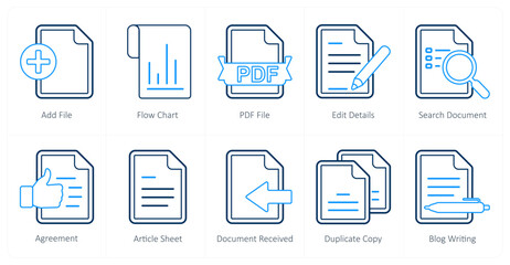 A set of 10 mix icons as add file, flow chart, pdf file