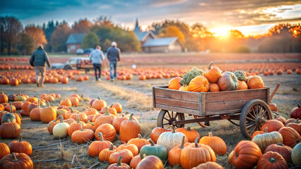 Pumpkin Harvest Field at Sunrise with Farmers..