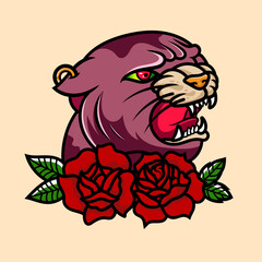 traditional panther tattoo vintage and flower illustration design element old school tattoo mascot icon wild animal surreal illustration, badges, print for t-shirt.