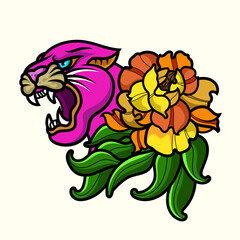 traditional panther tattoo vintage and flower illustration design element old school tattoo mascot icon wild animal surreal illustration, badges, print for t-shirt.