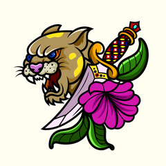 traditional panther tattoo vintage and flower of a dagger through a panther head illustration design element old school tattoo mascot icon wild surreal illustration, badges, print for t-shirt.