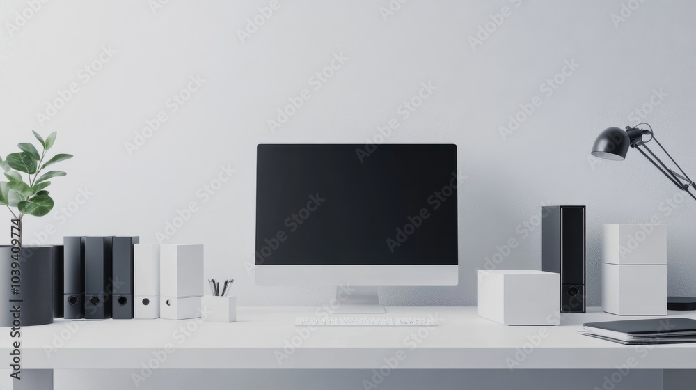 Aufkleber A minimalist office with blocks used for creative desk organization, Blocks arranged in functional patterns, Modern workspace style