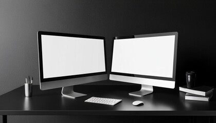 Fototapeta premium Total black concept with two blank white monitor screens with place for your logo or text on black office table on dark wall background. 3D rendering, mock up