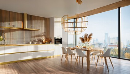 Sunny modern dining area with white kitchen set decorated by wooden laths, golden kitchen hood and city view from the window. 3D rendering