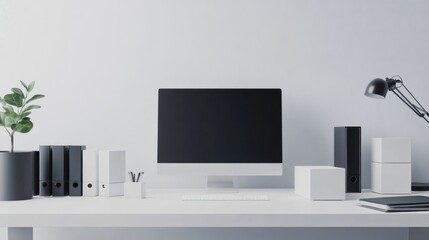 A minimalist office with blocks used for creative desk organization, Blocks arranged in functional patterns, Modern workspace style