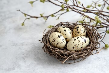A high-quality image of quail eggs in a nest made of twigs, placed on a blank surface, ideal for commercial advertisements, highlighting the exotic and delicate nature of quail eggs.