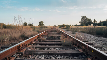 Fototapeta premium Abandoned railway tracks stretching into the distance, surrounded by tall grass and shrubs under a clear blue sky, evoking a sense of adventure and nostalgia in nature.