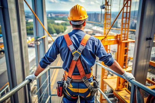 A man in a yellow and orange safety harness is standing on a bridge