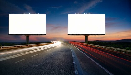 Blank white billboard on the background of the highway at evenin