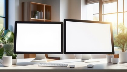Blank white modern computer monitors as a part of stylish work place with light table in sunny room on home interior background. 3D rendering, mockup
