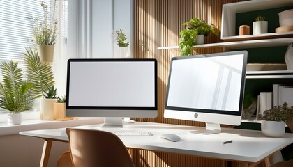 Fototapeta premium Blank white modern computer monitors as a part of stylish work place with light table in sunny room on home interior background. 3D rendering, mockup
