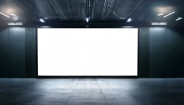 Blank white digital screen mockup in dark exhibition room. 3D Rendering