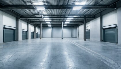 Clean spacious concrete warehouse garage interior. Space and design concept. 3D Rendering.