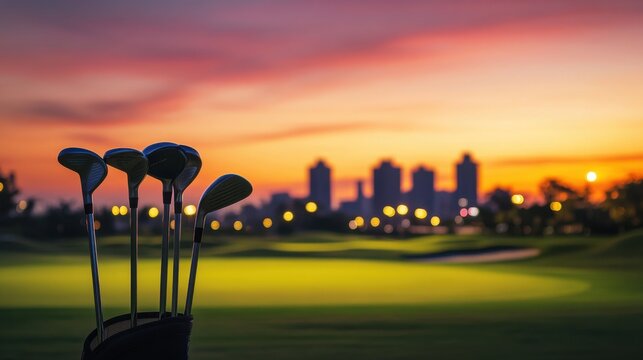 A modern golf course at twilight with city lights in the background, Golf clubs positioned under a colorful evening sky, Urban twilight style