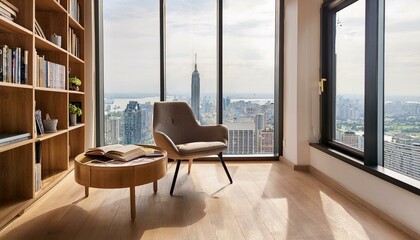 Fototapeta premium Cozy living room with chair, table, shelf with book and city view.