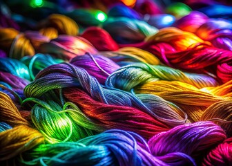 Night Photography of Colorful Floss Threads in Artistic Arrangement, Capturing Textures and Depth in Low Light for Crafting and Textile Enthusiasts