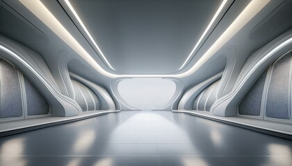 Futuristic design light grey color hall area for car presenation or your company product. 3D rendering, mockup