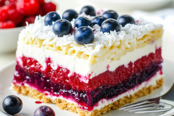 Beautifully layered berry and cream cake slice on a plate