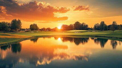 A modern golf course during a vibrant sunset with reflections on a tranquil lake, Golf clubs positioned amidst golden hues and mirrored waters, Sunset tranquility style
