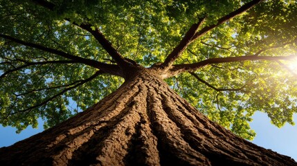 Majestic tree viewed from below with sunlight filtering through leaves.