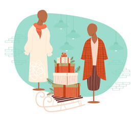 Christmas store interior. New Year mannequins with female clothes and sleighs with gift boxes and tree branches. Holiday concept shopping for gifts, festive dummy. Vector illustration