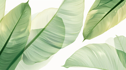Obraz premium An illustration depicting a close-up of tropical leaves showcasing varying shades of green with soft light filtering through, emphasizing natural beauty for graphic resources.