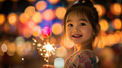 Fototapeta premium Joyful child holding sparkler amidst vibrant bokeh lights at night festival.
