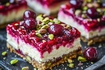 Creamy layered dessert featuring cherries and pistachios