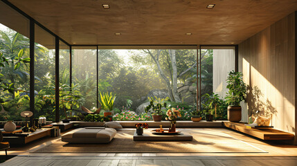 Fototapeta premium A cozy living space featuring a mix of plants and comfortable seating arranged thoughtfully, illuminated by natural light streaming through large windows for lifestyle.