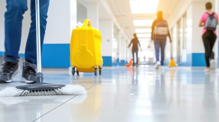 Janitor cleaning school hallway with mop and bucket during daytime with students in background.