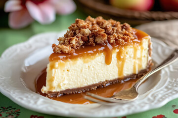 Caramel apple cheesecake slice with crumb topping