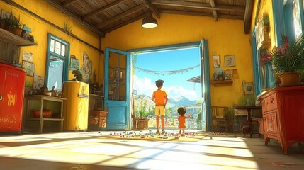 Family enjoying a sunny day inside a cozy yellow house with a view