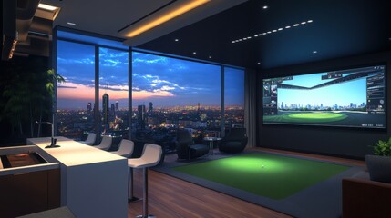A modern golf simulator room with panoramic urban views, Virtual fairways on sleek digital screens, Urban chic style