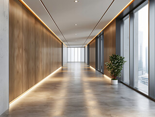 Fototapeta premium A modern corridor with wooden walls and large windows, illuminated by soft lighting, creating a sleek and inviting atmosphere for architecture.