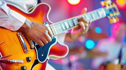 Naklejka premium Vibrant electric guitar performance with bright stage lights.