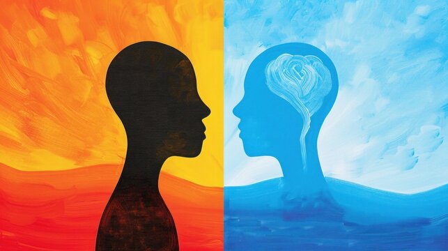 Silhouette faces in abstract fire and water background with contrasting warm and cool colors.