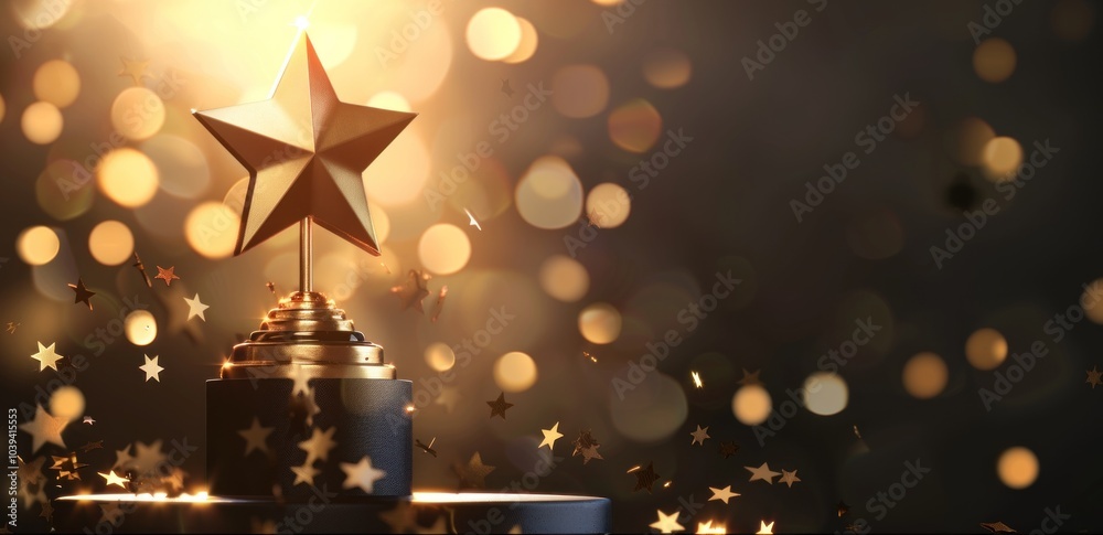 Wall mural gold star trophy on black pedestal with glowing bokeh lights and falling star confetti