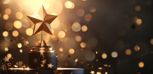 Gold star trophy on black pedestal with glowing bokeh lights and falling star confetti