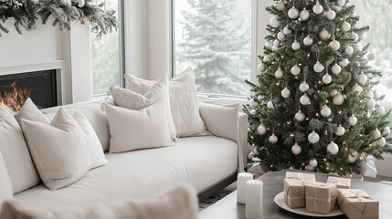 Naklejka premium Minimalist winter living room with festive Christmas tree decorated in neutral white tones, simple wrapped gifts, soft, cozy furnishings for a relaxing holiday setting. Image made using Generative AI