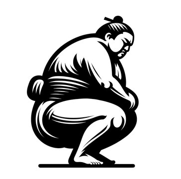 recommend clip art: Black and white isolated vector illustration of sumo wrestler on white background.