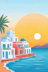 Obraz premium Sunset over tranquil coastal town with Mediterranean vibe