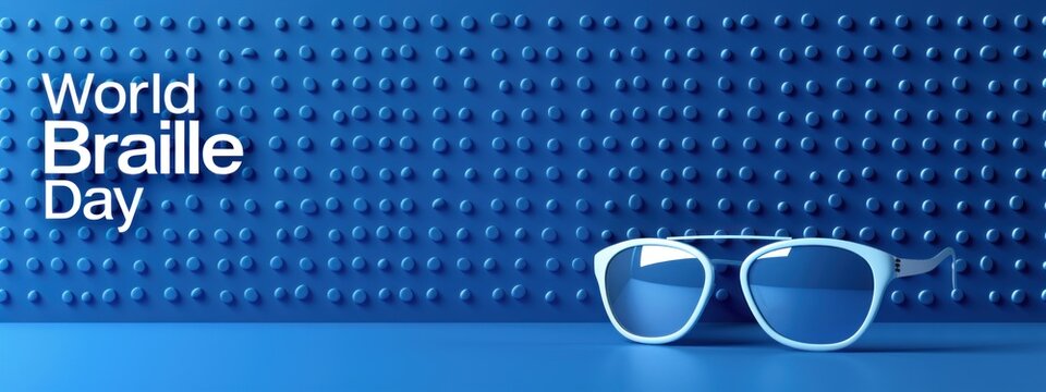 World Braille Day celebration with white glasses on braille patterned blue background