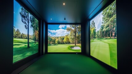A modern golf simulator room with state-of-the-art technology, Virtual fairways on panoramic screens, High-tech gaming style