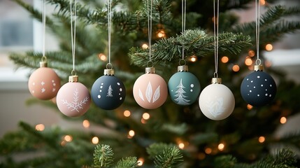 Elegant pastel Christmas decorations hanging on tree branches