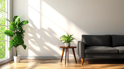 Bright minimalist living room with a gray lowprofile sofa, wooden accents, and a large window view, uncluttered design, minimalist cozy living room, bright and serene