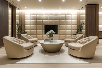 Set of Beige Lounge Chairs in Open Room with Paneled Wall: Minimalist Modern Living Room Design Featuring TV.
