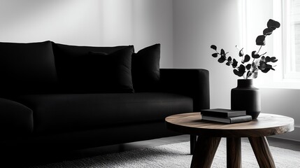 Monochrome minimalist living room with a black fabric sofa, white walls, and minimalist decor, sleek and stylish, minimalist monochrome living room, black and white design