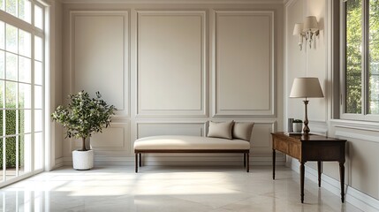 Timeless French Country Style in a Modern Hallway with Beige Bench and Console Table.