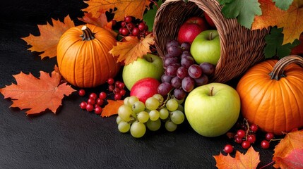 Harvest basket with assorted fruits, pumpkins, and colorful autumn leaves.